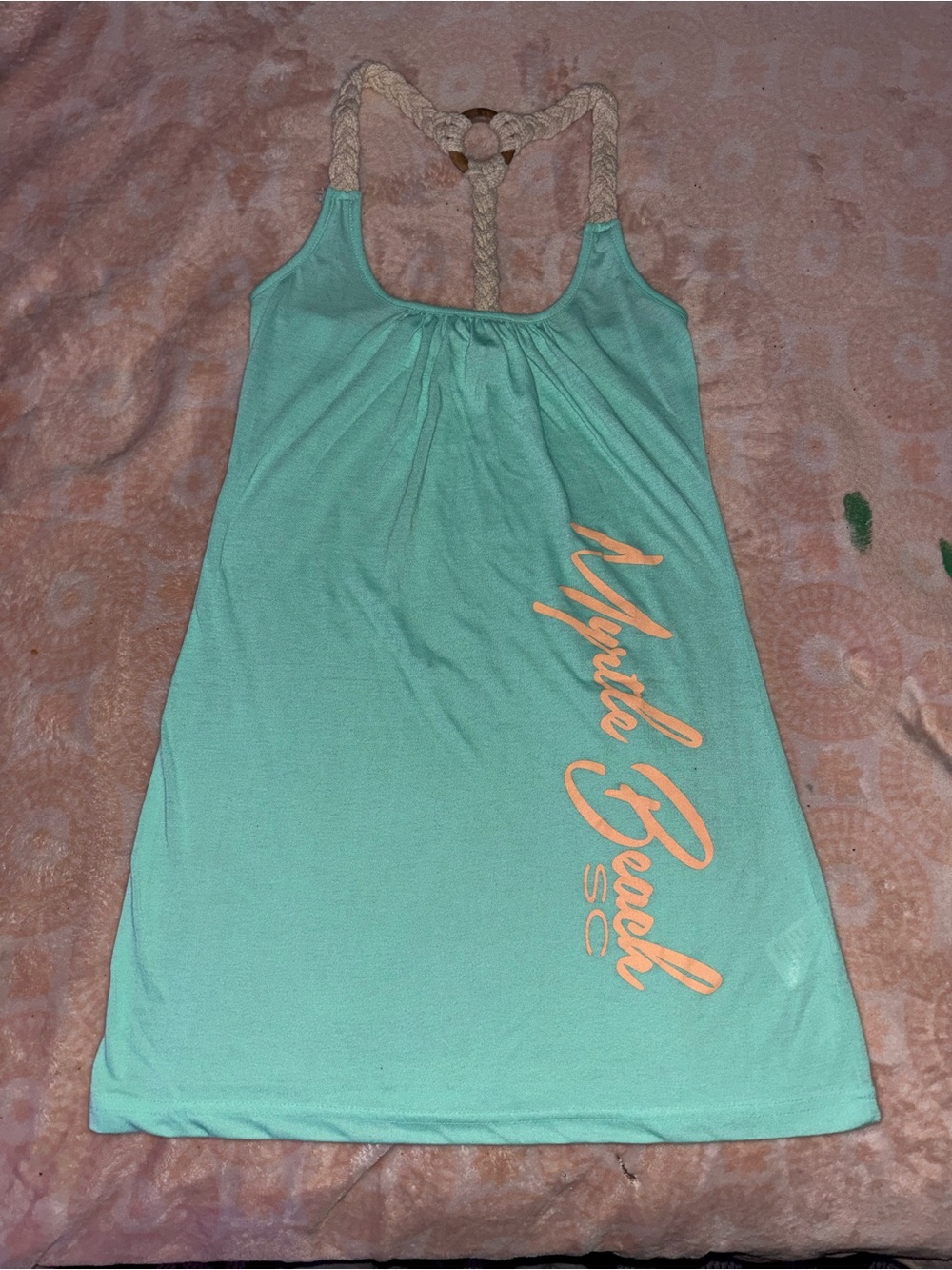Lagaci Aqua and Peach Script Tank Dress with unique braided racer back type tank